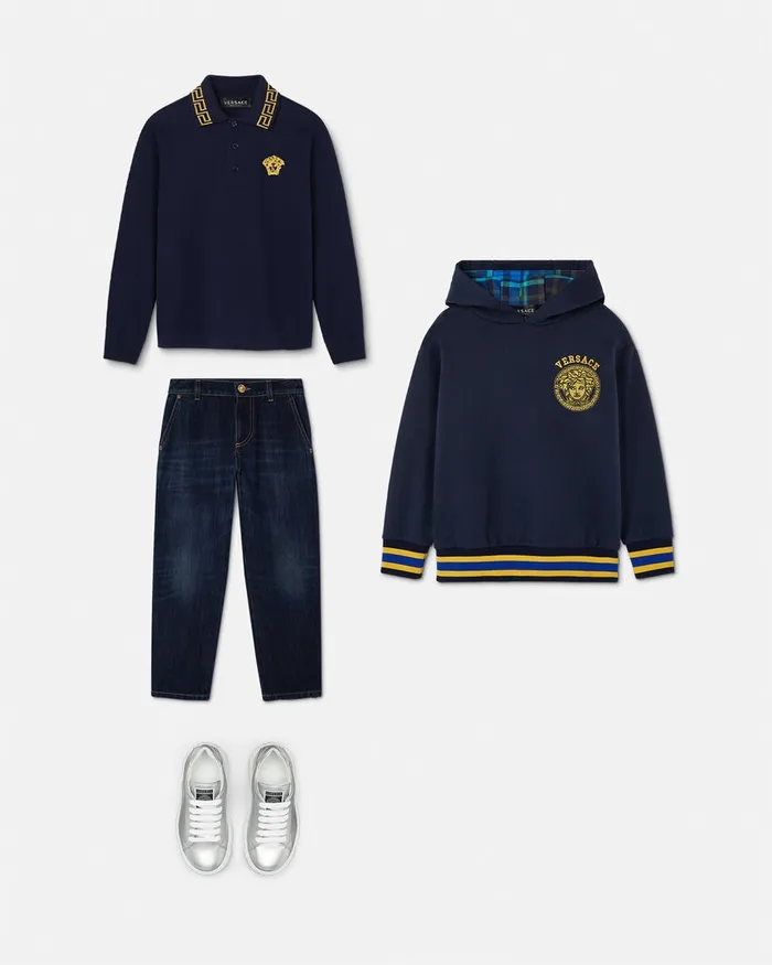 Versace Tshirts and Polos Kids Embroidered Greca Polo Shirt Bluegold