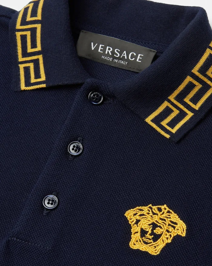 Versace Tshirts and Polos Kids Embroidered Greca Polo Shirt Bluegold