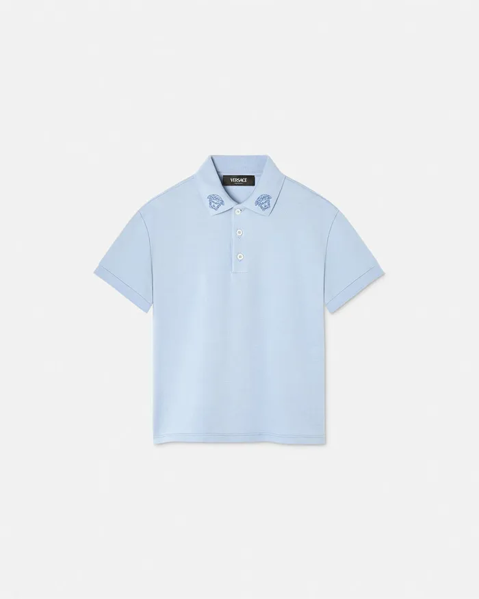 Versace Tshirts and Polos Kids Embroidered Medusa Polo Shirt Light Blue