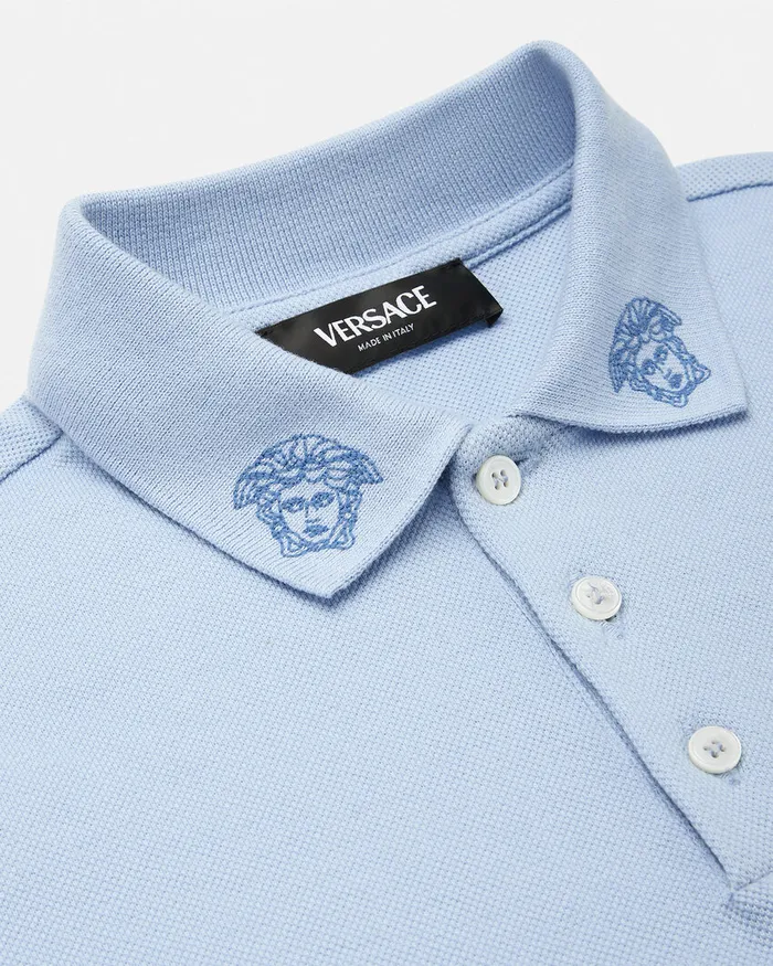 Versace Tshirts and Polos Kids Embroidered Medusa Polo Shirt Light Blue
