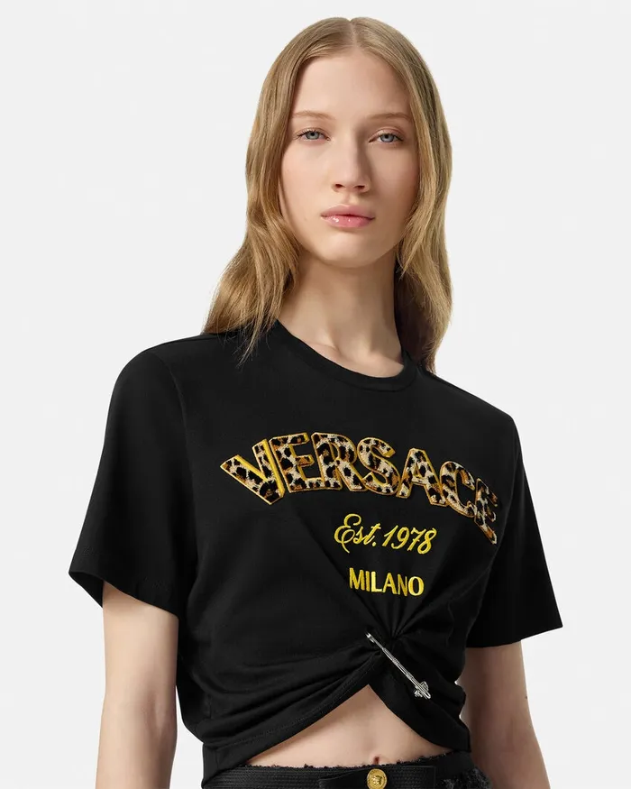 Versace TShirts and Sweatshirts Women Wild Stamp Safety Pin Crop TShirt Blackprint