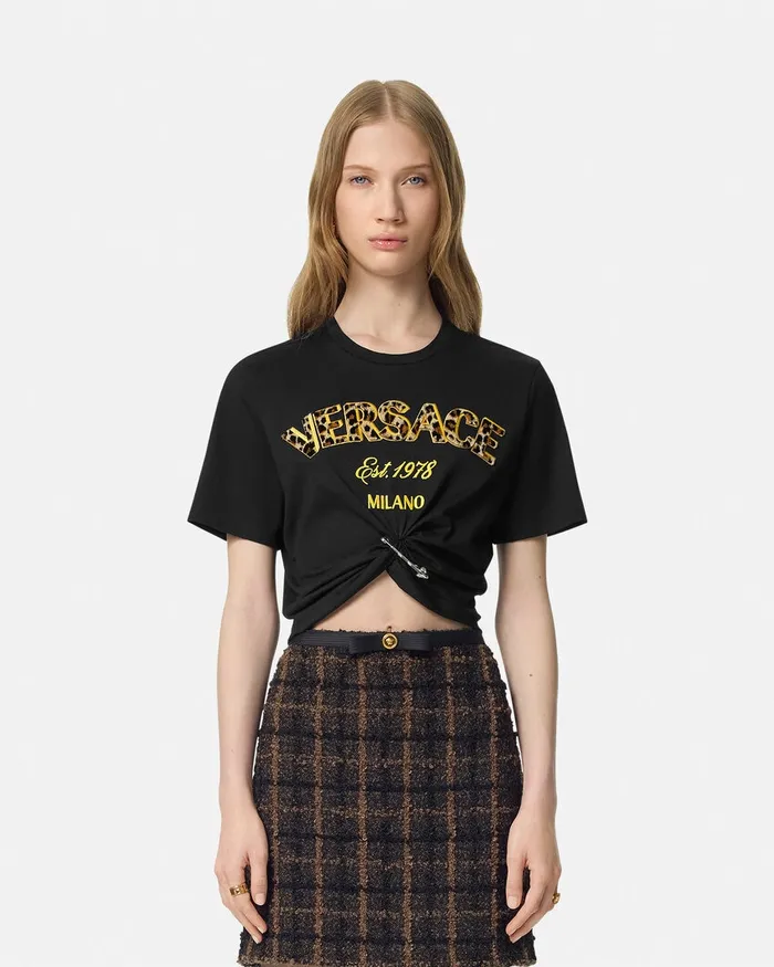 Versace TShirts and Sweatshirts Women Wild Stamp Safety Pin Crop TShirt Blackprint