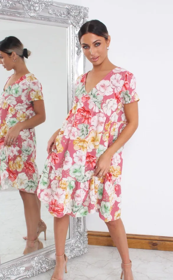 Vixen Red Floral V Neck Smock Dress Women Missfiga Skater Dresses