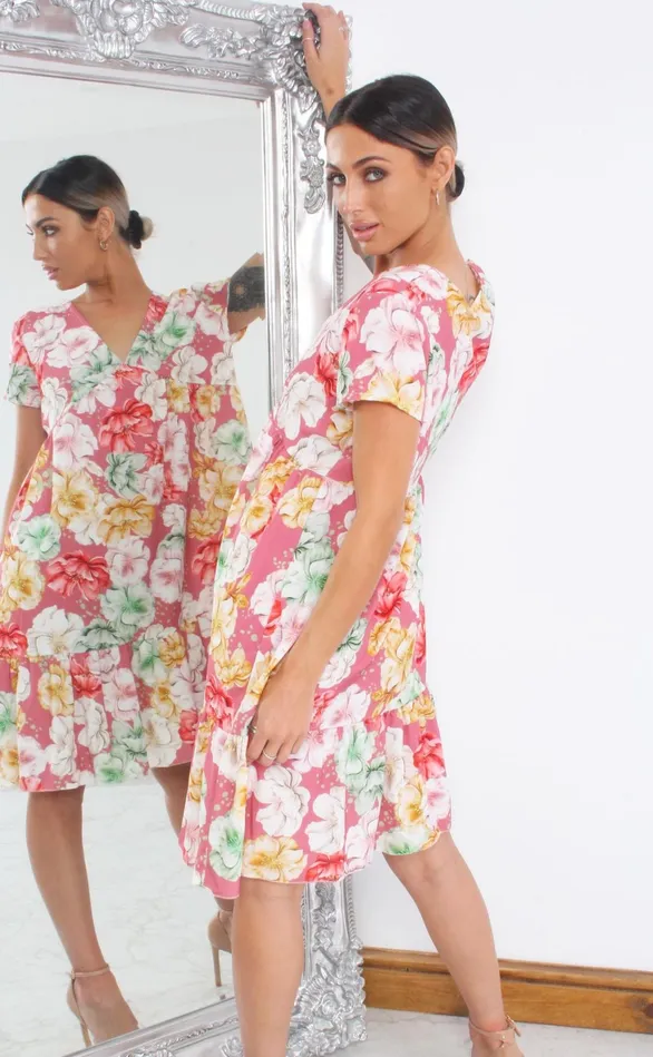 Vixen Red Floral V Neck Smock Dress Women Missfiga Skater Dresses