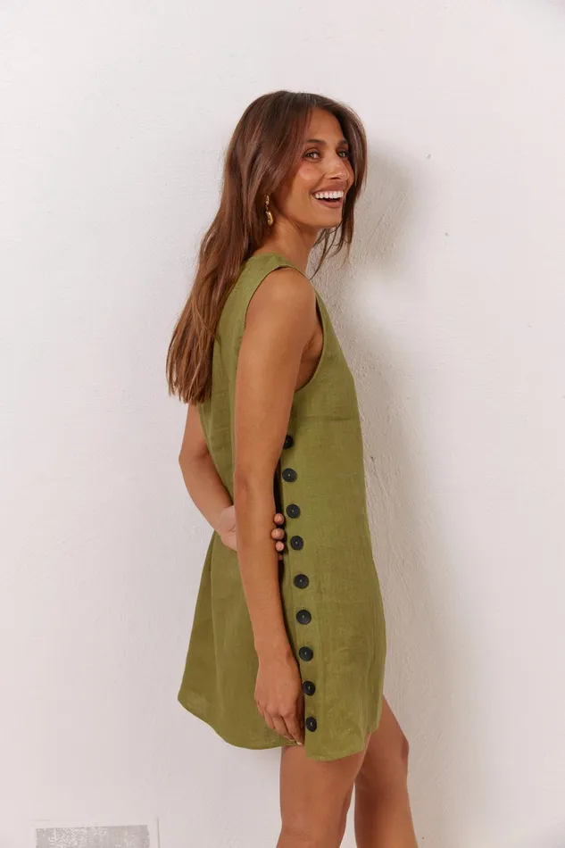 VRG GRL Annabelle Linen Mini Dress Olive Women Mini Dresses VRG GRL Annabelle Linen Mini Dress Olive Women Mini Dresses
