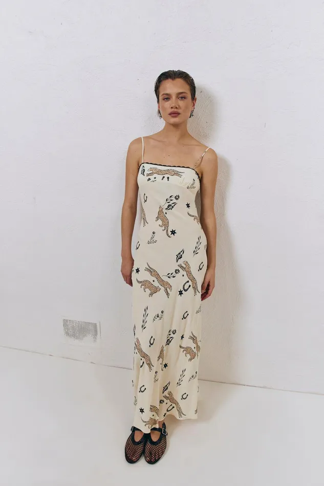 VRG GRL Cosmic Bias Cut Maxi Dress Cream Women MidiMaxi Dresses
