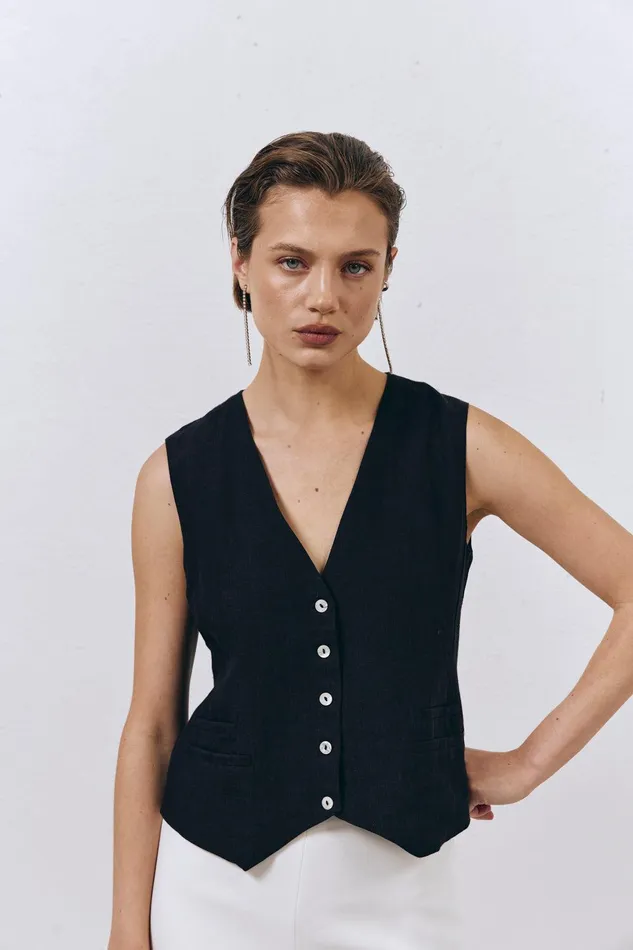 VRG GRL Italian Streets Linen Vest Black Women Sleeveless