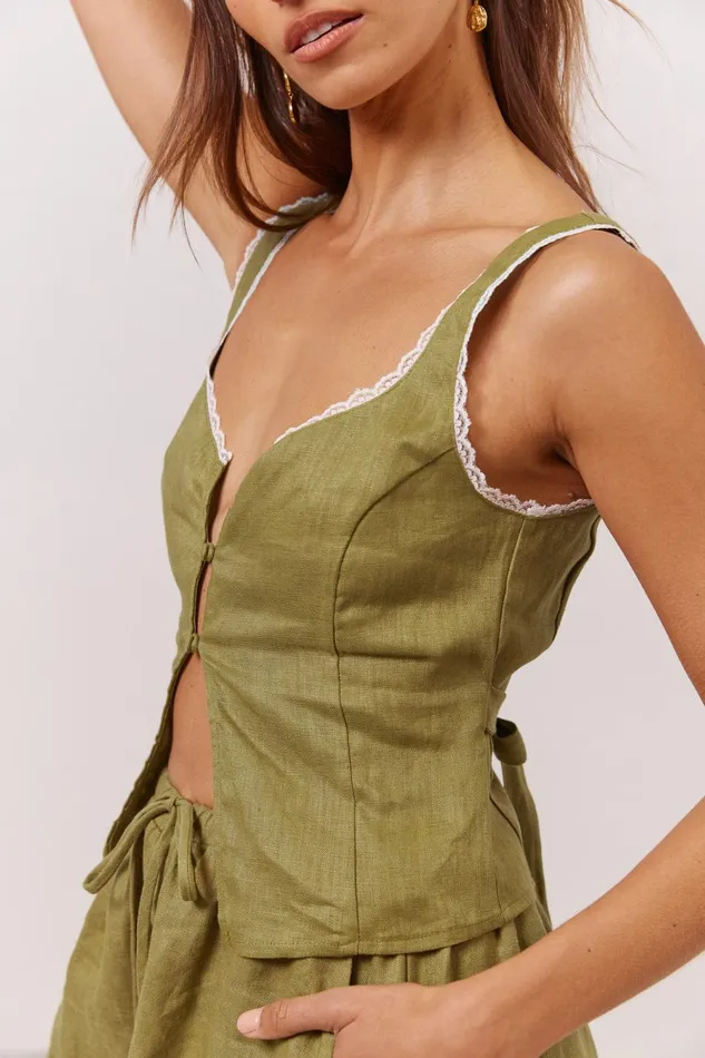 VRG GRL Love Language Linen Button Front Top Olive Women Sleeveless
