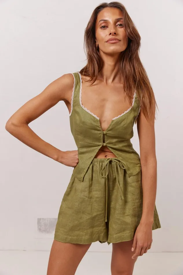 VRG GRL Love Language Linen Button Front Top Olive Women Sleeveless