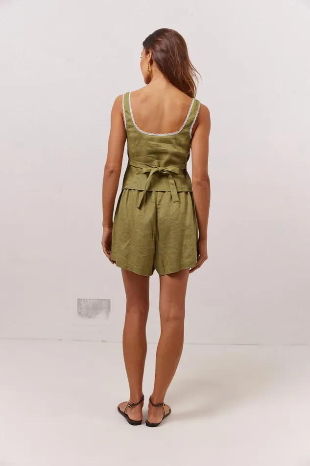 VRG GRL Love Language Linen Button Front Top Olive Women Sleeveless