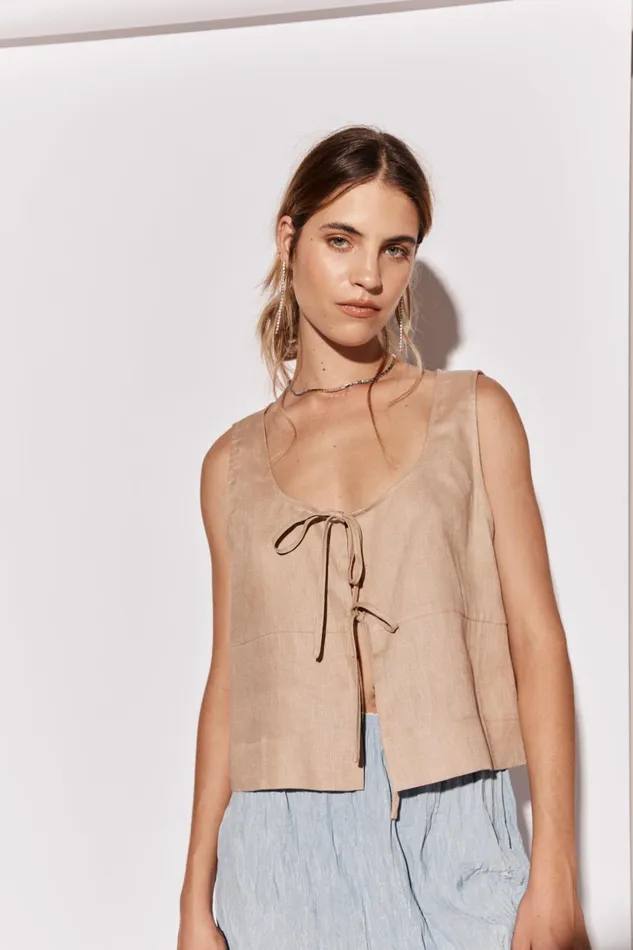 VRG GRL Nessa Linen Smock Top Beige Women Sleeveless