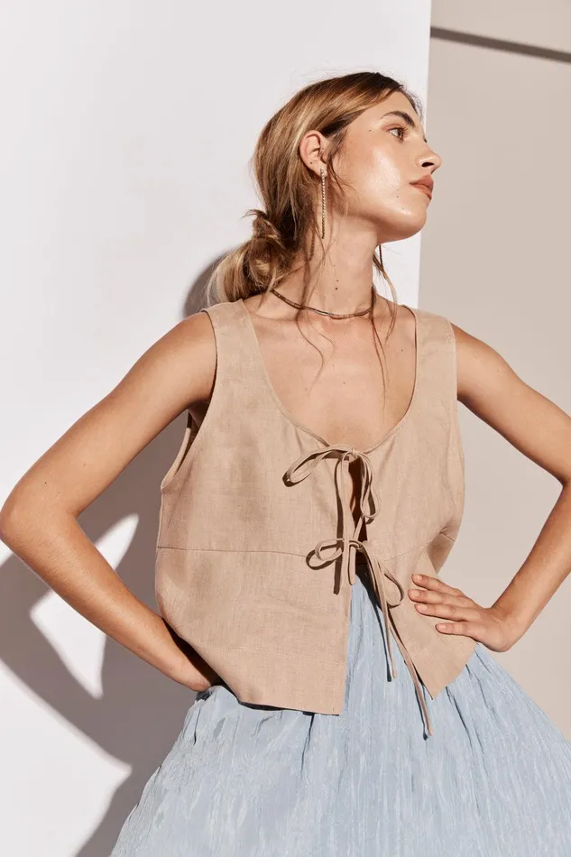 VRG GRL Nessa Linen Smock Top Beige Women Sleeveless VRG GRL Nessa Linen Smock Top Beige Women Sleeveless
