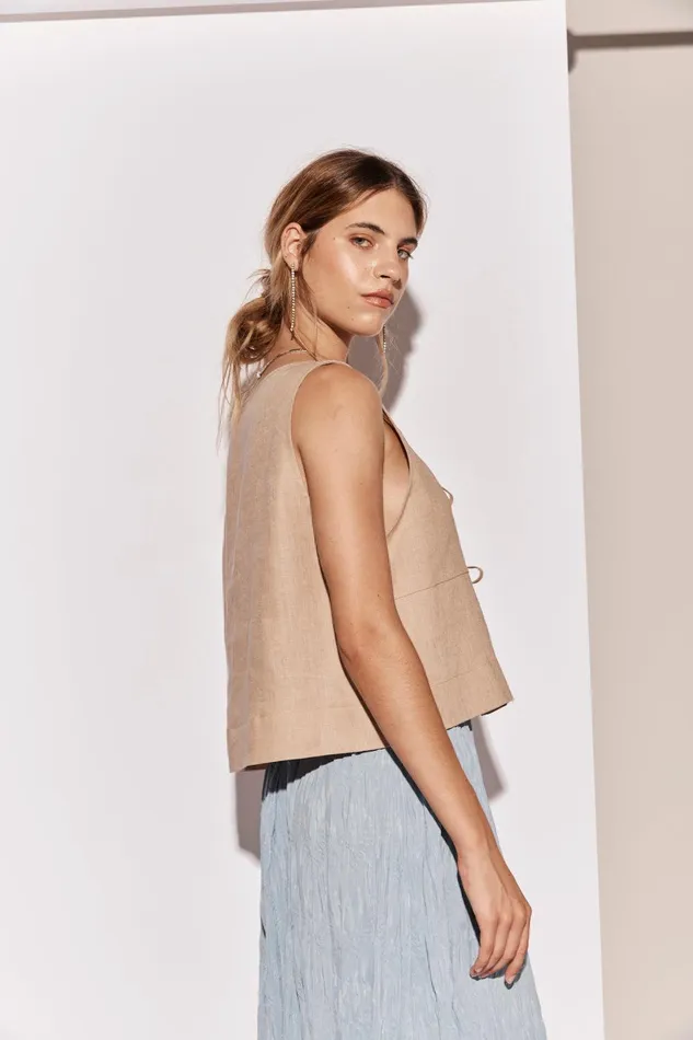 VRG GRL Nessa Linen Smock Top Beige Women Sleeveless VRG GRL Nessa Linen Smock Top Beige Women Sleeveless