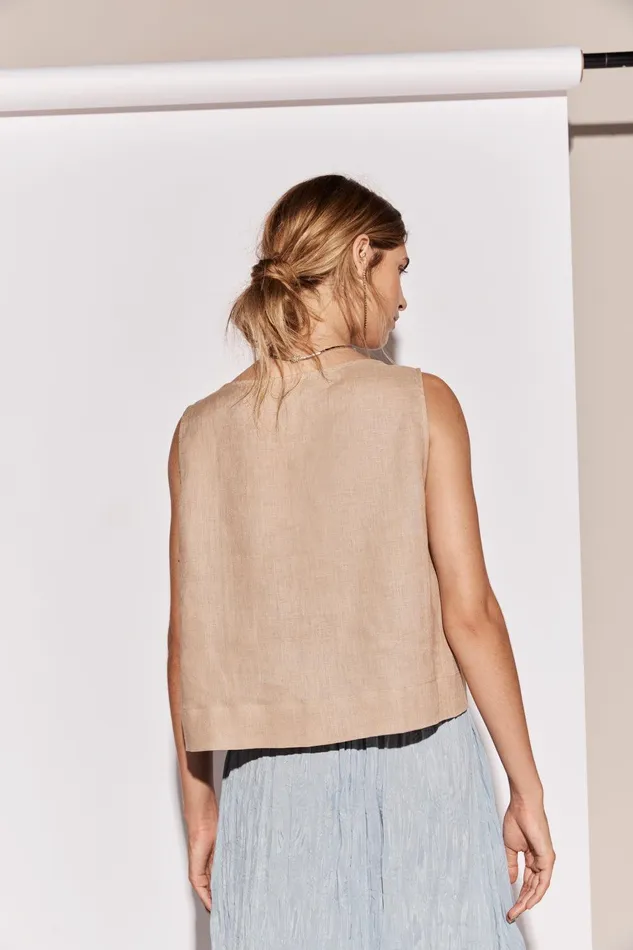 VRG GRL Nessa Linen Smock Top Beige Women Sleeveless VRG GRL Nessa Linen Smock Top Beige Women Sleeveless