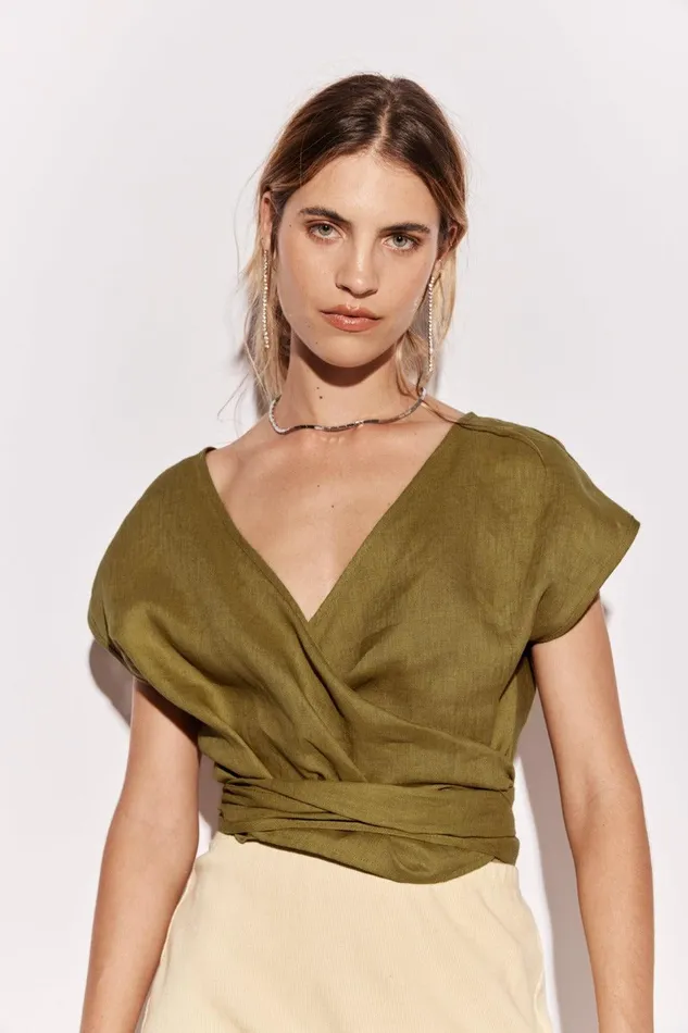 VRG GRL Sea Glass Linen Wrap Top Olive Women Short Sleeve