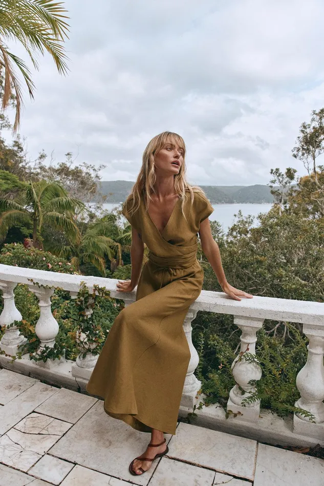 VRG GRL Sea Glass Linen Wrap Top Olive Women Short Sleeve VRG GRL Sea Glass Linen Wrap Top Olive Women Short Sleeve