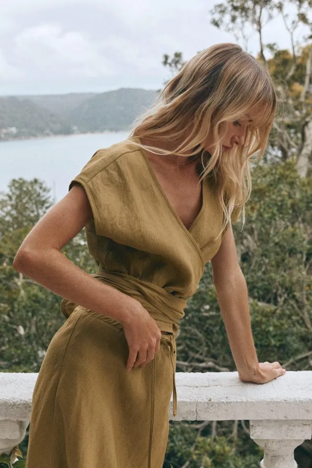 VRG GRL Sea Glass Linen Wrap Top Olive Women Short Sleeve VRG GRL Sea Glass Linen Wrap Top Olive Women Short Sleeve