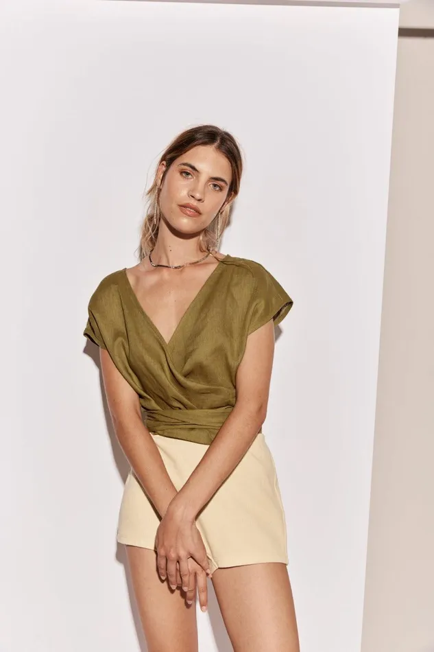 VRG GRL Sea Glass Linen Wrap Top Olive Women Short Sleeve VRG GRL Sea Glass Linen Wrap Top Olive Women Short Sleeve