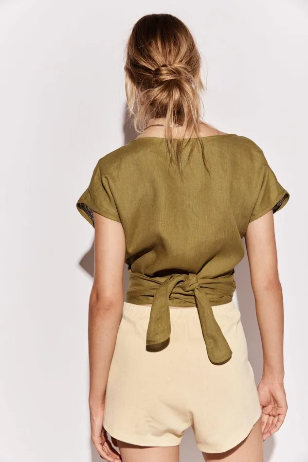 VRG GRL Sea Glass Linen Wrap Top Olive Women Short Sleeve VRG GRL Sea Glass Linen Wrap Top Olive Women Short Sleeve