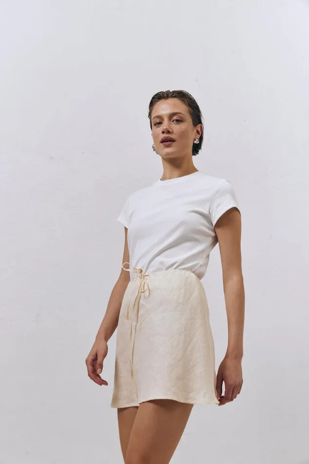 VRG GRL The Way To San Jose Bias Cut Linen Mini Skirt Cream Women Skirts