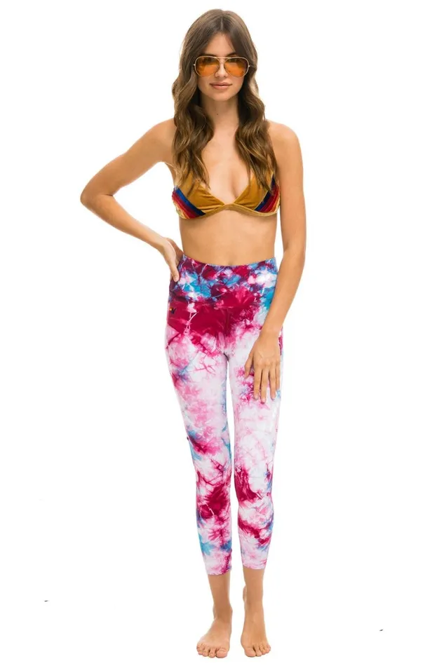 Women Activewear Aviator Nation HAND DYED CROPPED HIRISE LEGGINGS 8211 TIE DYE TURQUOISE