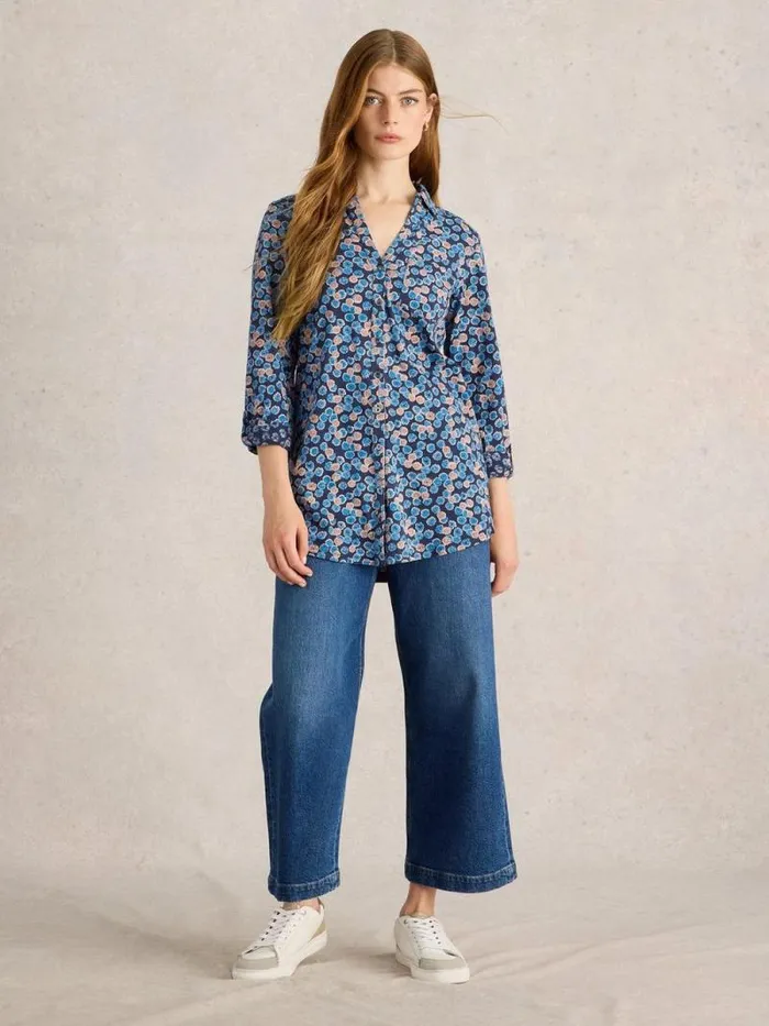 Women ANNIE COLLARED LONGLINE SHIRT Blue Print White Stuff Shirts and Blouses
