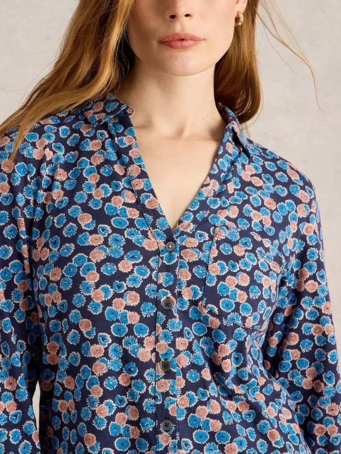 Women ANNIE COLLARED LONGLINE SHIRT Blue Print White Stuff Shirts and Blouses