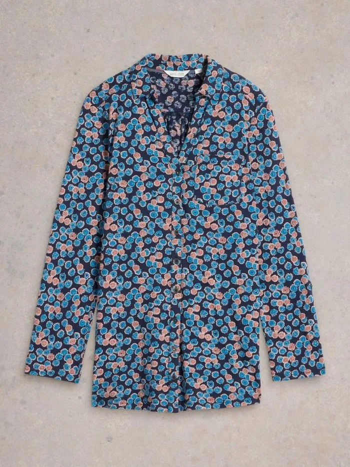 Women ANNIE COLLARED LONGLINE SHIRT Blue Print White Stuff Shirts and Blouses