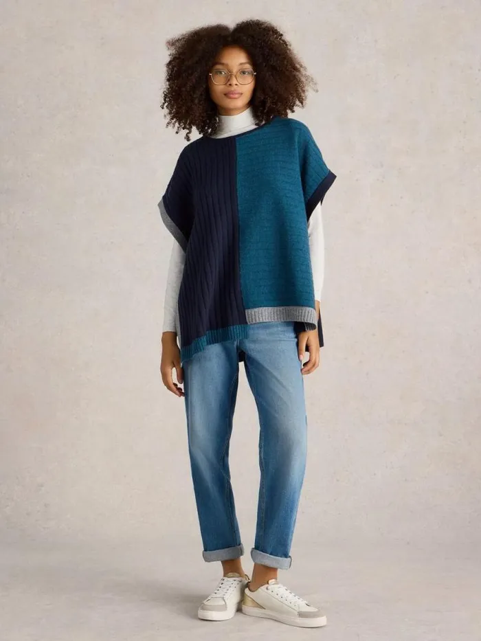Women Ash Knitted Step Hem Poncho Teal Multi White Stuff Knitwear