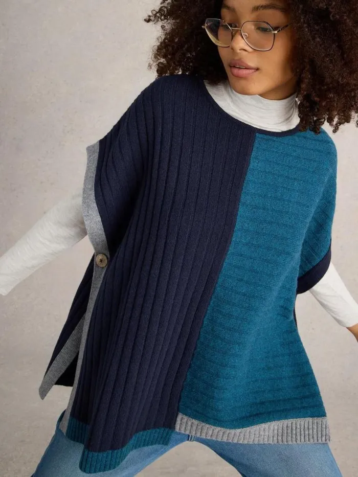 Women Ash Knitted Step Hem Poncho Teal Multi White Stuff Knitwear Women Ash Knitted Step Hem Poncho Teal Multi White Stuff Knitwear