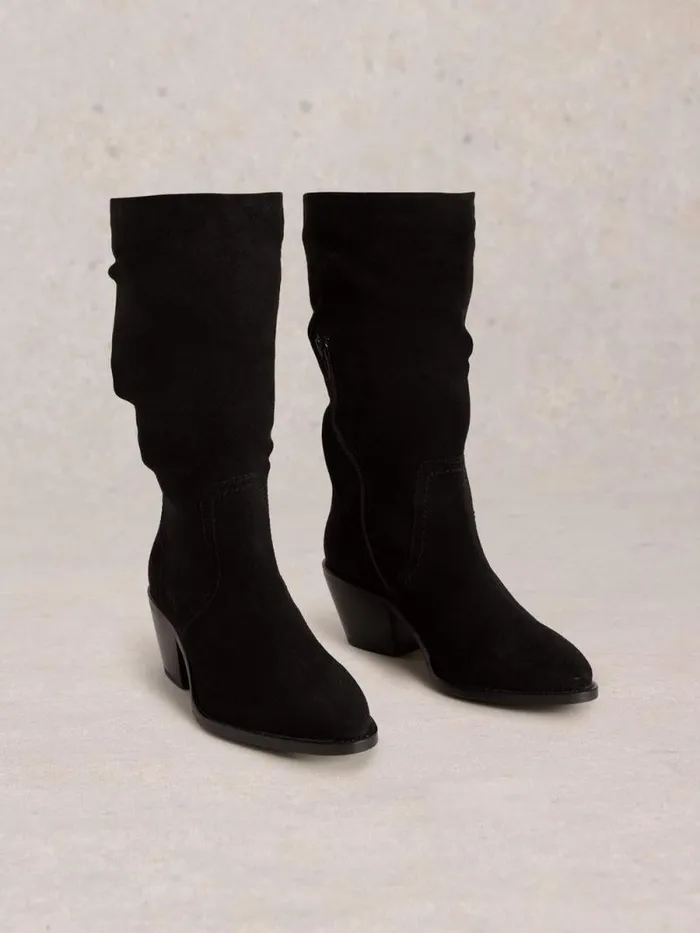 Women Azalea Mid Slouch Suede Boot Pure Black White Stuff Heels Women Azalea Mid Slouch Suede Boot Pure Black White Stuff Heels