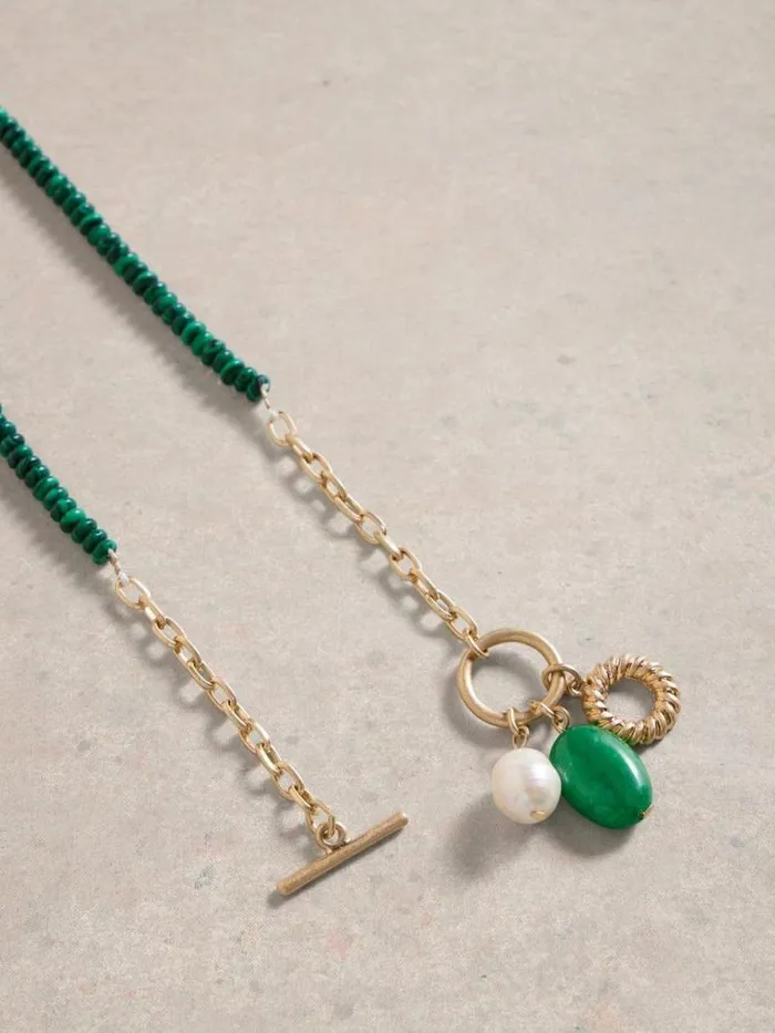 Women Beaded Charm Cluster Necklace Deep Green White Stuff Jewellery