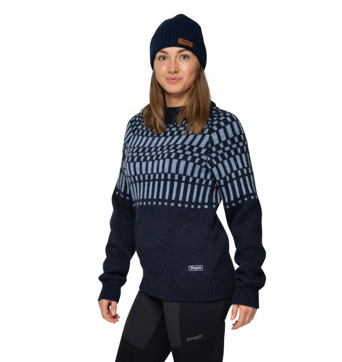 Women Bergans Of Norway Wool Nordmarka Merino Jumper Navy Blue Husky Blue