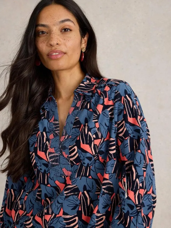 Women Blaire Cord Tunic Navy Print White Stuff Shirts and Blouses