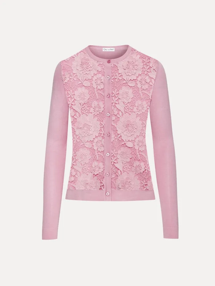 Women Blouses and Knits Oscar De La Renta Floral Guipure Inset Cardigan Soft Pink