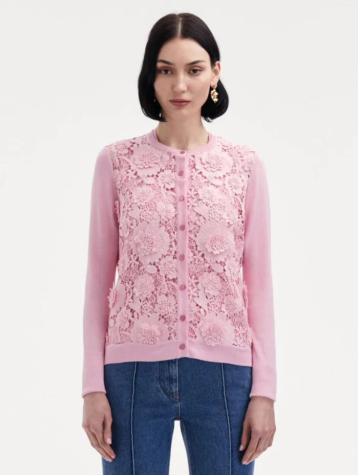 Women Blouses and Knits Oscar De La Renta Floral Guipure Inset Cardigan Soft Pink
