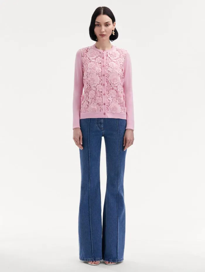Women Blouses and Knits Oscar De La Renta Floral Guipure Inset Cardigan Soft Pink