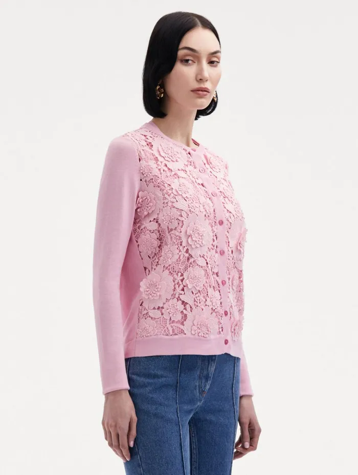Women Blouses and Knits Oscar De La Renta Floral Guipure Inset Cardigan Soft Pink