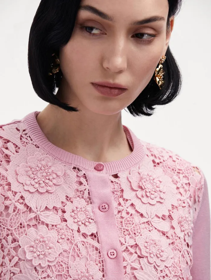 Women Blouses and Knits Oscar De La Renta Floral Guipure Inset Cardigan Soft Pink