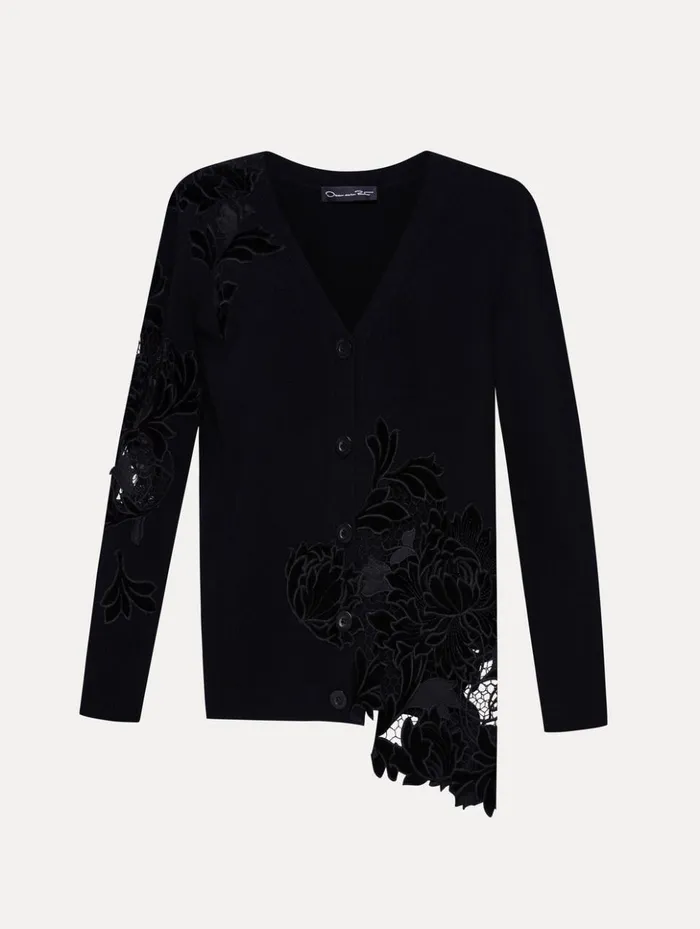 Women Blouses and Knits Oscar De La Renta Guipure Inset Long Cardigan Black