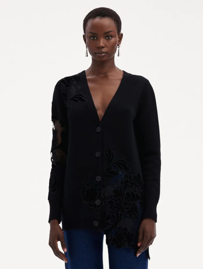 Women Blouses and Knits Oscar De La Renta Guipure Inset Long Cardigan Black Women Blouses and Knits Oscar De La Renta Guipure Inset Long Cardigan Black
