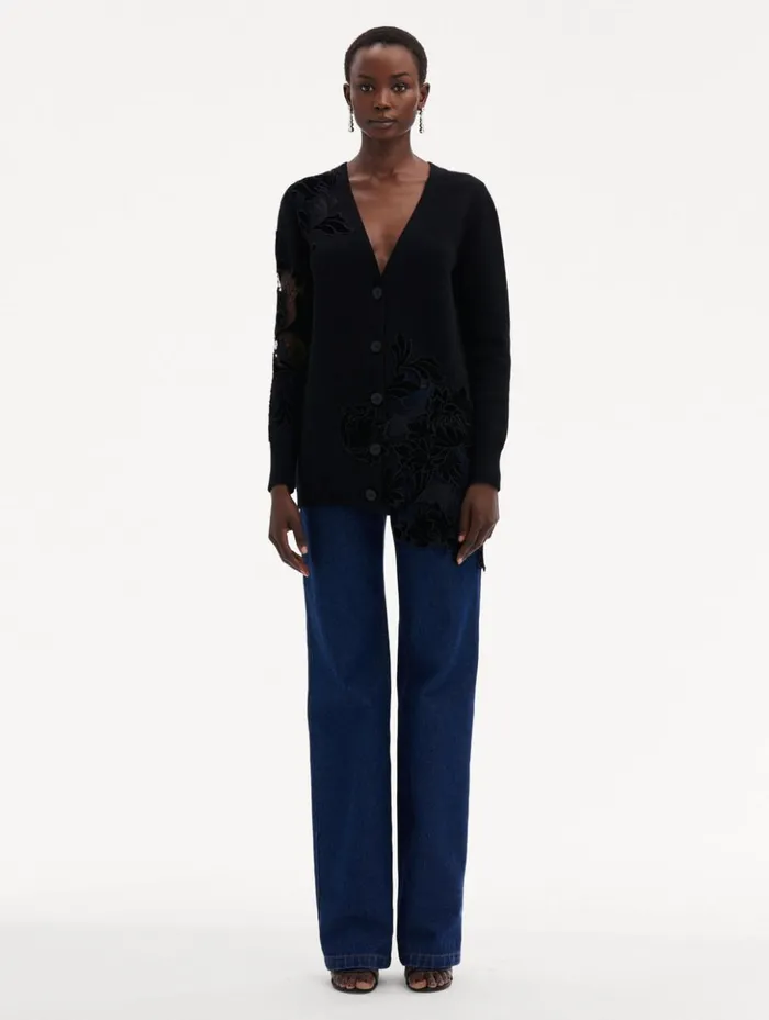 Women Blouses and Knits Oscar De La Renta Guipure Inset Long Cardigan Black Women Blouses and Knits Oscar De La Renta Guipure Inset Long Cardigan Black