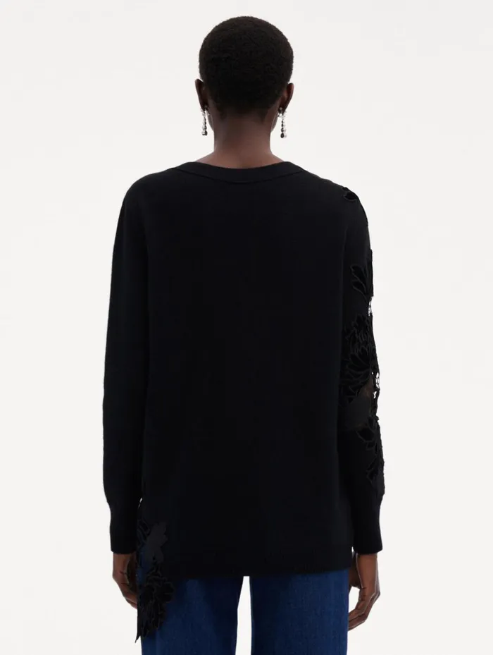 Women Blouses and Knits Oscar De La Renta Guipure Inset Long Cardigan Black Women Blouses and Knits Oscar De La Renta Guipure Inset Long Cardigan Black