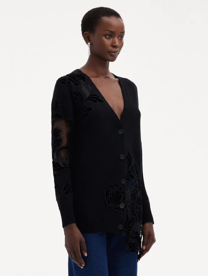 Women Blouses and Knits Oscar De La Renta Guipure Inset Long Cardigan Black Women Blouses and Knits Oscar De La Renta Guipure Inset Long Cardigan Black