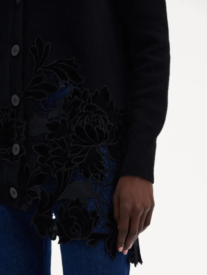 Women Blouses and Knits Oscar De La Renta Guipure Inset Long Cardigan Black Women Blouses and Knits Oscar De La Renta Guipure Inset Long Cardigan Black