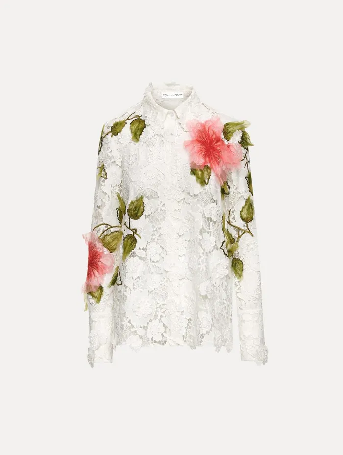 Women Blouses and Knits Oscar De La Renta Hibiscus Embroidered Floral Guipure Blouse White