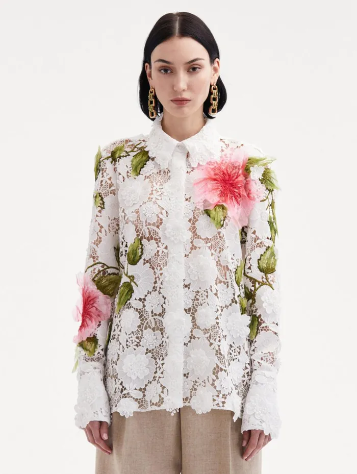 Women Blouses and Knits Oscar De La Renta Hibiscus Embroidered Floral Guipure Blouse White Women Blouses and Knits Oscar De La Renta Hibiscus Embroidered Floral Guipure Blouse White