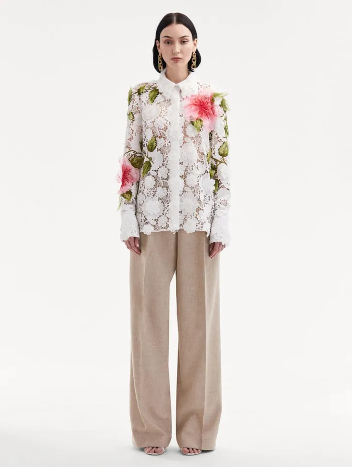 Women Blouses and Knits Oscar De La Renta Hibiscus Embroidered Floral Guipure Blouse White Women Blouses and Knits Oscar De La Renta Hibiscus Embroidered Floral Guipure Blouse White
