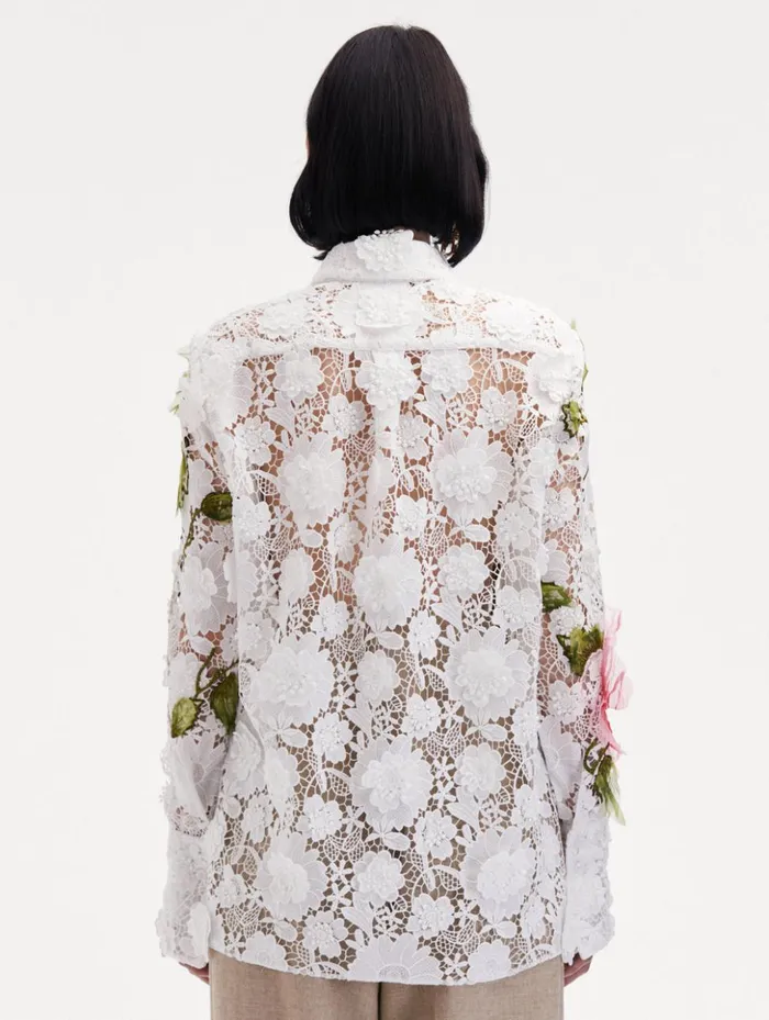 Women Blouses and Knits Oscar De La Renta Hibiscus Embroidered Floral Guipure Blouse White Women Blouses and Knits Oscar De La Renta Hibiscus Embroidered Floral Guipure Blouse White