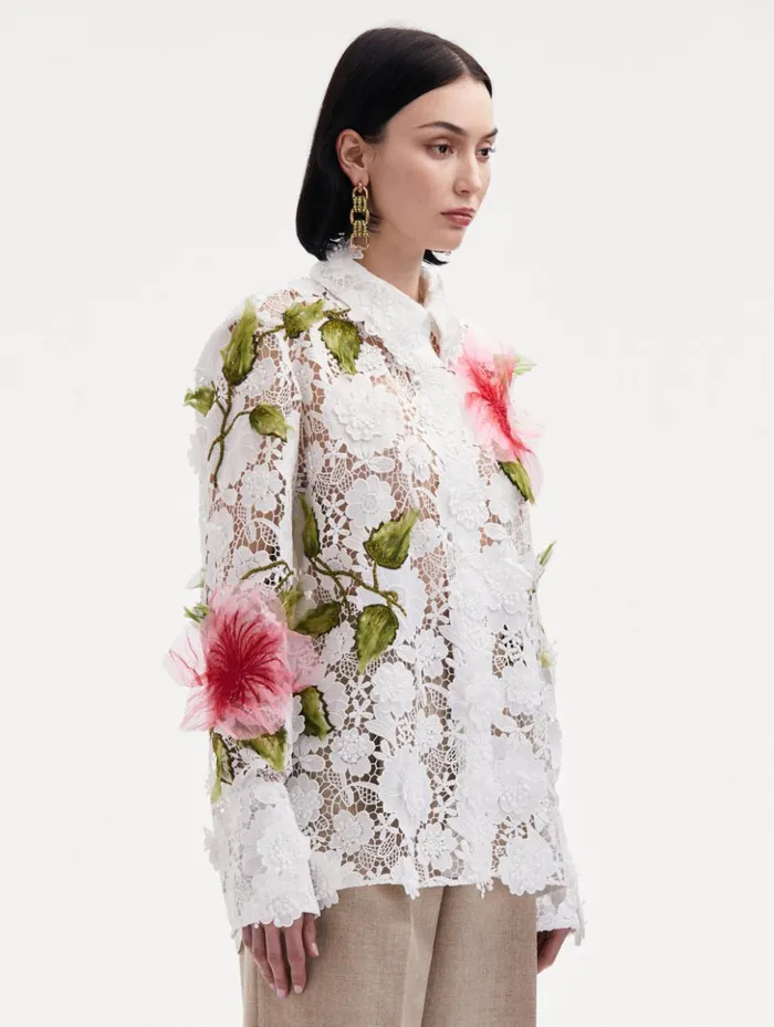 Women Blouses and Knits Oscar De La Renta Hibiscus Embroidered Floral Guipure Blouse White Women Blouses and Knits Oscar De La Renta Hibiscus Embroidered Floral Guipure Blouse White